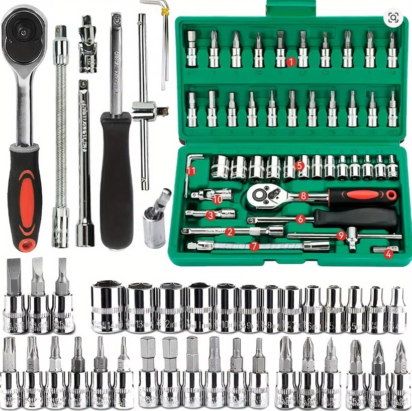 Juego de llaves de trinquete de 1/4 pulgadas con enchufes, juego de llaves hexagonales métricas, kits de herramientas mecánicas para reparación de automóviles, 46 unidades