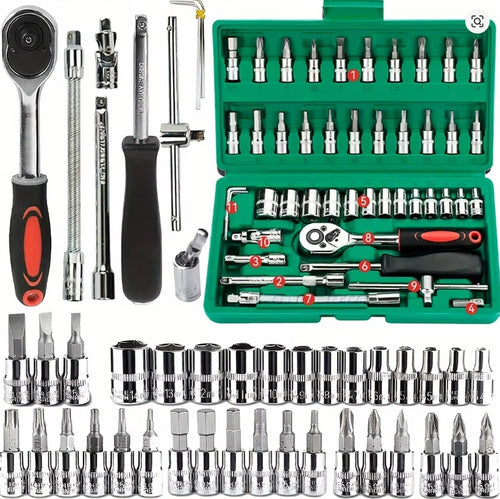 Juego de llaves de trinquete de 1/4 pulgadas con enchufes, juego de llaves hexagonales métricas, kits de herramientas mecánicas para reparación de automóviles, 46 unidades